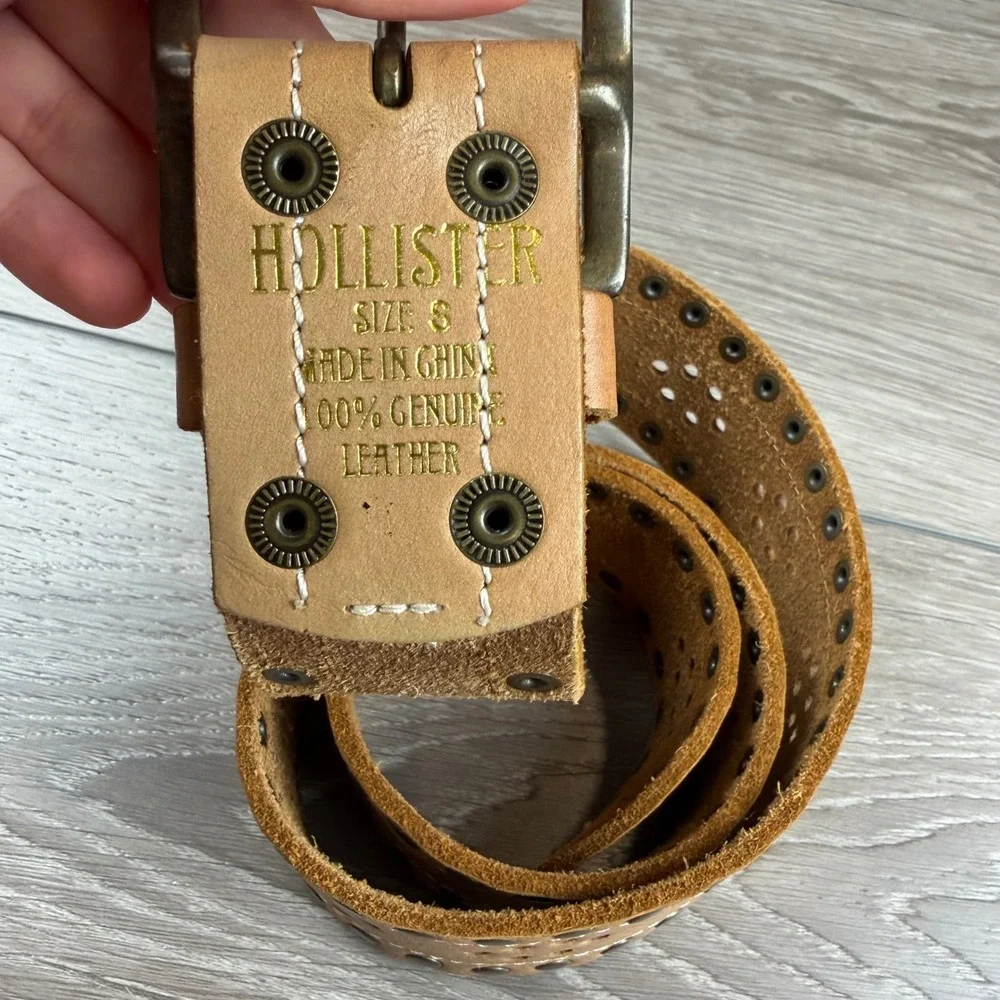 Hollister Women Belt Studded Perforated Genuine Leather Tan Small